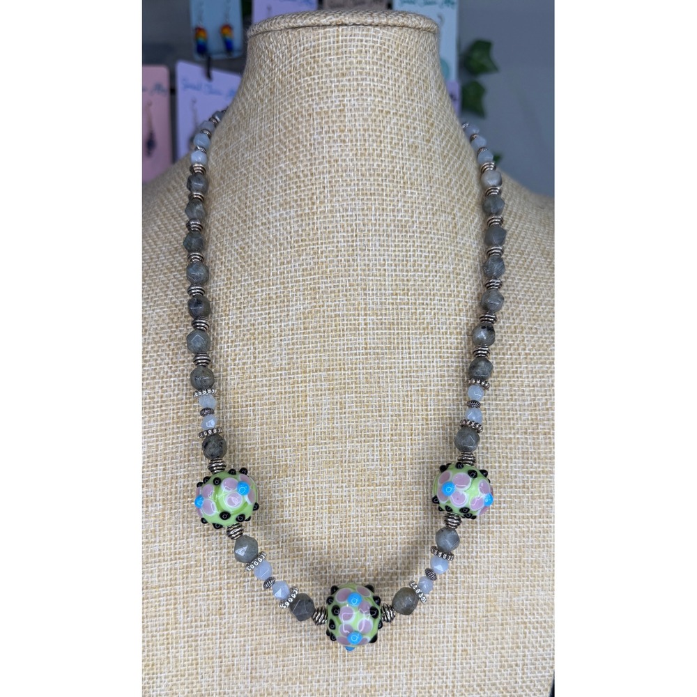 Handmade Lampwork Glass Floral Bead Necklace Labradorite Chalcedony Toggle Clasp